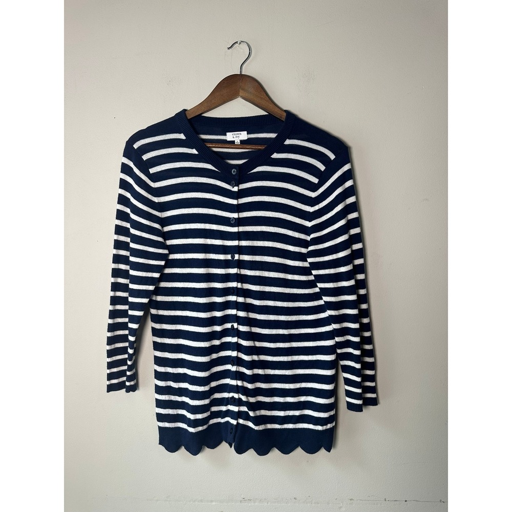 🎃Crown & Ivy Navy White Striped Scalloped Hem 3/4 Sleeve Cardigan Sweater Small